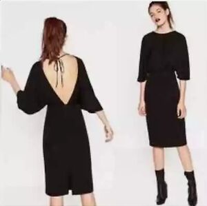 Zara Midi Black Dress Puffy Short Sleeves Open Tie Back Size Medium Cocktail